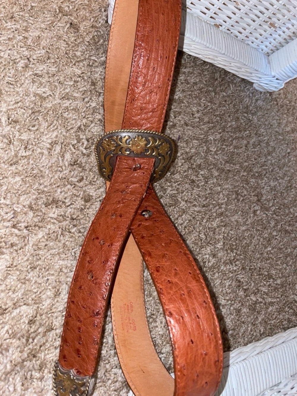 Textured Brown Leather Belt with Decorative Brass Buckle